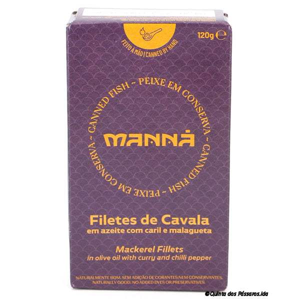 Makrelen-Filets in Olivenöl mit Curry und Chili / Manná / Filetes de cavala em azeite com caril e piri-piri, 120g